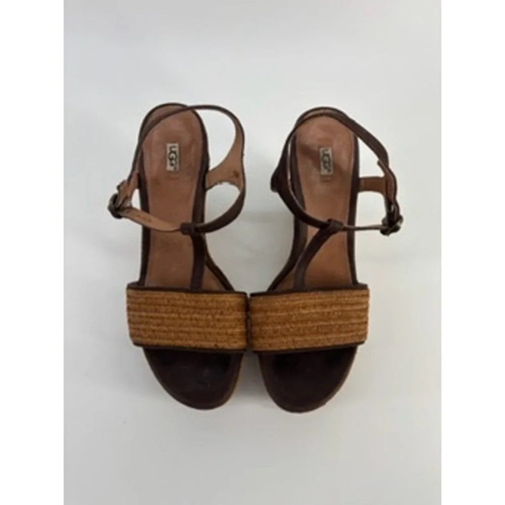 UGG Women Brown Suede Raffia Platform Wedge Sandals T-Strap Ankle Buckle Size7.5